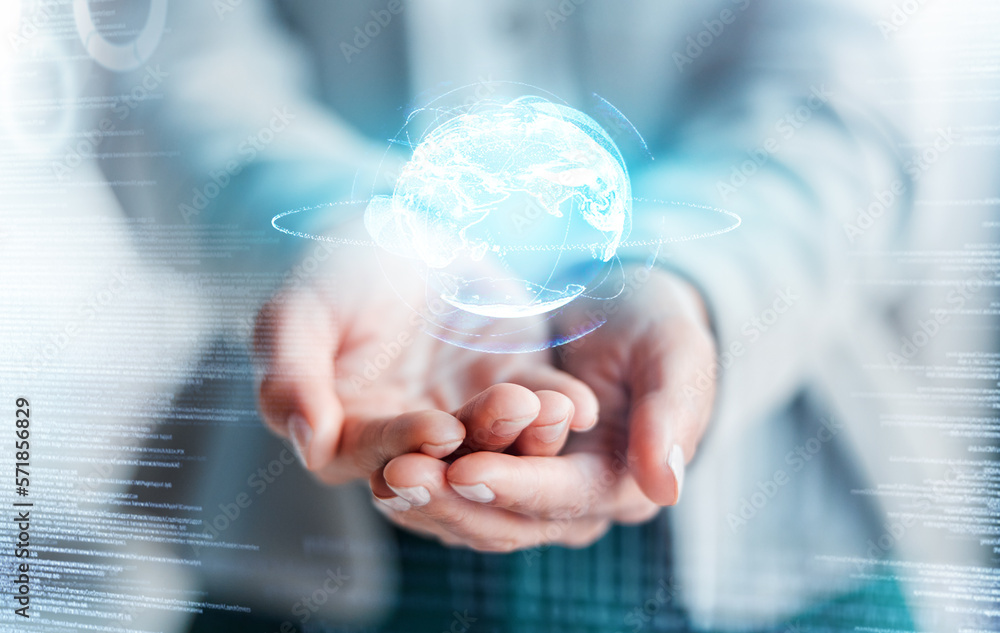 Aufkleber hands, 3d globe hologram and global communication in digital marketing or futuristic networking on d