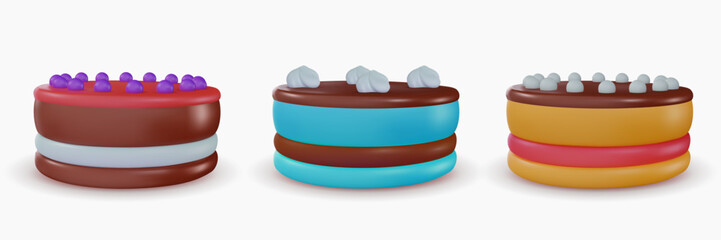 Set vector 3d cartoon tasty cake in realistic minimal style. Collection sweet glossy design elements for birthday, holiday, anniversary celebration. Vivid illustration, icon, symbol.