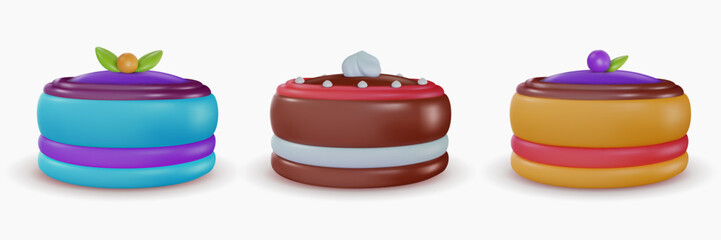 Set vector 3d cartoon tasty cake in realistic minimal style. Collection sweet glossy design elements for birthday, holiday, anniversary celebration. Vivid illustration, icon, symbol.