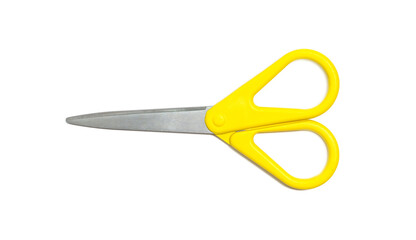 Yellow scissors isolated on white background.