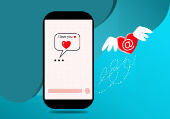 Valentines Day card. Heart with wings flying from a mobile smart phone. Conversation on social networks. Vector illustration.