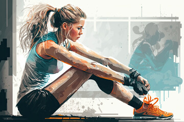 illustration of a young sporty woman stretching before a workout. Generative AI