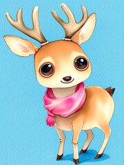 Deer in a scarf. Watercolor postcard, big eyes, big head, small body