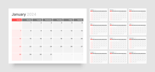Monthly calendar template for 2024 year. Wall calendar in a minimalist style. Week Starts on Sunday. Planner for 2024 year.