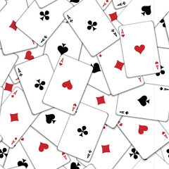 Pattern with playing cards. Playing cards scattered on the table. Suits of playing cards. Spades, Hearts, Clubs, Diamonds.