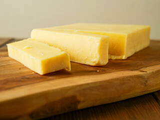 Cut block of red cheddar on a wooden cutting board and table. Premium high quality dairy product for many cooking applications. Popular type of cheese