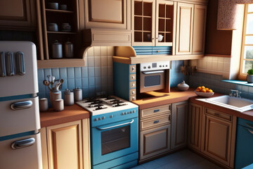 A kitchen with stove, sink, fridge and dishwasher (Generative AI)