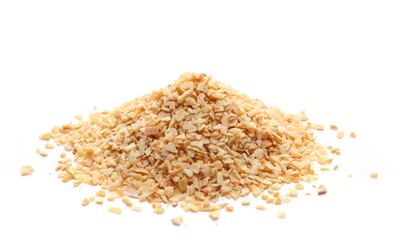 Pile chopped dry garlic isolated on white, side view
