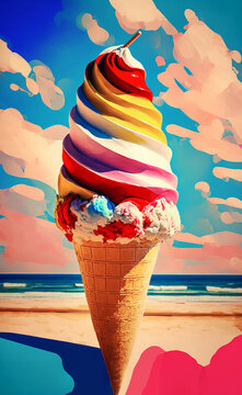 Abstract painting concept. Colorful art of an ice cream cone. Mediterranean culture. Generative AI.