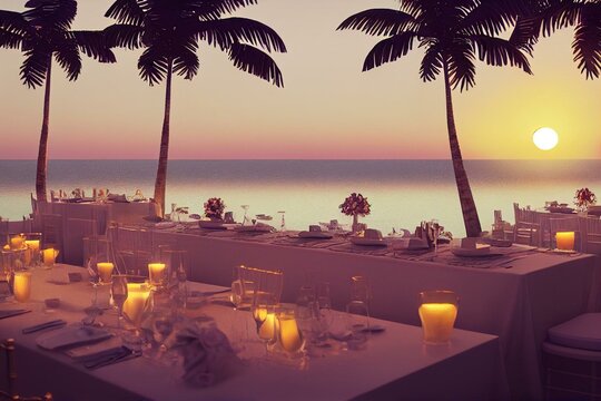 Sunset Beach Front Wedding Table Setting. Generative AI