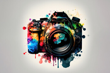 Abstract and colorful DSLR camera (Generative AI) - obrazy, fototapety, plakaty