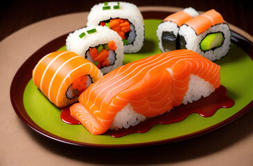 Sushi and Japanese Fish rolls on the plate in restaurant close-up. Generative AI.