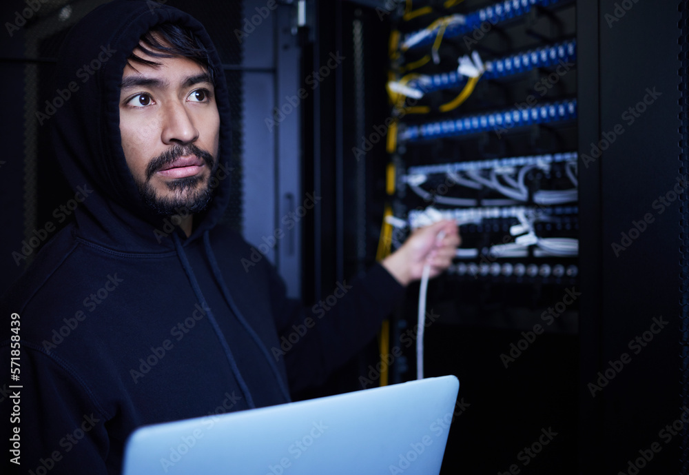 Poster System, fraud and hacker stealing software, website data and information on server on a laptop. Connection, criminal and man hacking into a network for hardware, coding and cyber crime at night