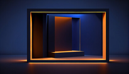 Abstract background of empty space with a stage for product exhibition display, navy blue. Generative AI