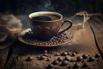 Fototapeta premium Beautiful hot coffee cup and coffee beans on wood background created with a generative ai technology