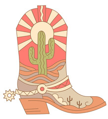 Cowboy boot with green cactus and sun decoration. Vector illustration of Cowboy boot with cactus and sun light decor isolated on white.
Cowgirl wild west boots for print or design.