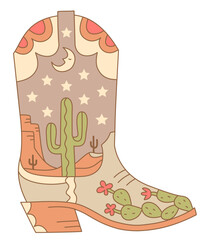 Cowboy boot green cactus and sky stars decoration with moon. Vector illustration of Cowboy boot with cactus and night moon decor isolated on white.
Cowgirl wild west boots for print or design.
