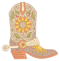 Cowboy boot with yellow sunflowers decoration. Vector hand drawn illustration of Cowboy boot with sunflowers decor printable outline style design. Cowgirl boots with floral decor