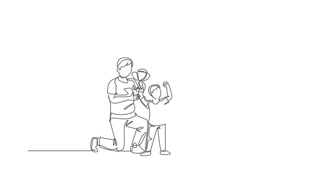 Animated self drawing of continuous line draw little boy celebrate trophy victory with his mother and father after win competition. Happy family parenting concept. Full length single line animation.