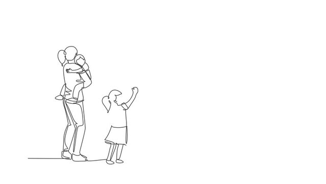 Animated self drawing of continuous line draw father hugging his daughter before go to the office while mother carrying son at home. Happy family parenting concept. Full length single line animation.