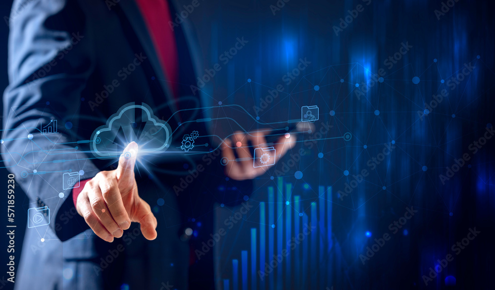 Fototapete businessman touch cloud computing icon network. cloud technology, cloud data transfer and online dat
