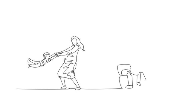 Animated self drawing of single continuous line draw young father sitting on sofa and reading book to son and mother playing with son. Happy family parenting concept. Full length one line animation.