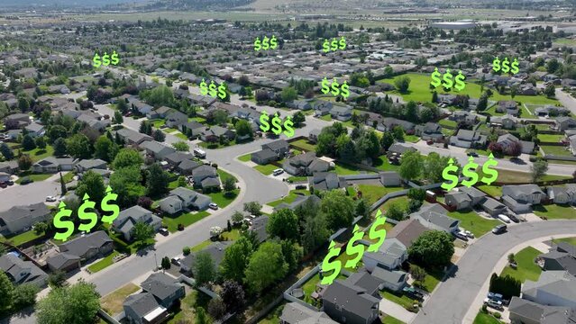Aerial view of rising house prices in a suburban neighborhood.