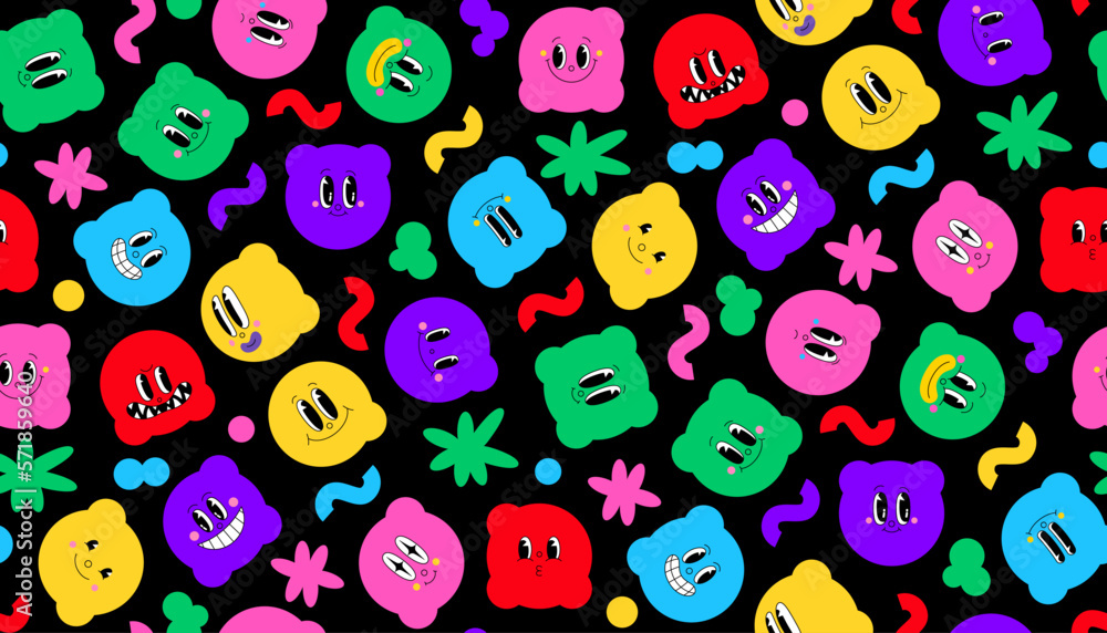 Poster simple shapes abstract cartoon characters seamless pattern. doodle comic faces with different emotio