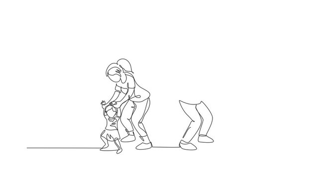 Animation of one single line drawing of young parents teaching their twin kids to walk at home. Happy family parenting concept. Continuous line self draw animated. Full length motion illustration.