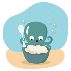 simple vector illustration octopus eating food with spoon