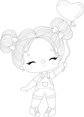 Cute cartoon girl with heart shaped balloon sketch template. Graphic vector illustration in black and white for games, background, pattern, decor. Childrens story book, fairytail, coloring paper, page