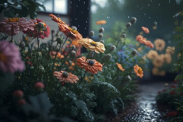 Eye-view perspective of a orange and salmon colored floral garden a rainy day generated via AI tools