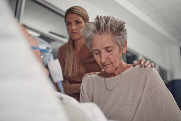 Sad woman visit her sick husband in hospital with the support and comfort from their daughter. Healthcare, love and senior female sitting and praying with her ill man with cancer in a medical clinic.