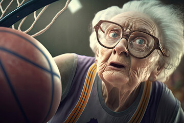 Old lady plaing basketball, AI generated - obrazy, fototapety, plakaty