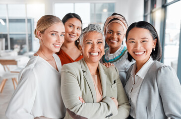 Diversity, portrait selfie and business women teamwork, global success or group empowerment in office leadership. Social media career of asian, black woman and senior people or staff profile picture