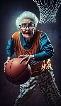 Old lady plaing basketball, AI generated