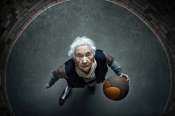 Fototapeta na wymiar Old lady plaing basketball, AI generated