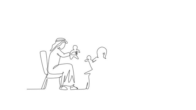 Animated self drawing of one continuous line draw young Arabian dad and daughter playing doll to wait fasting break. Happy Islamic muslim parenting family concept. Full length single line animation.