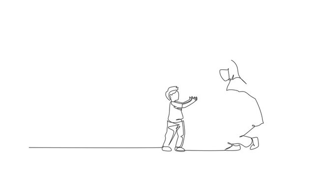 Animation of one line drawing of Islamic toddler boy learn to walk to mother and ready to catch. Happy Arabian muslim family parenting concept. Continuous line self draw animated. Full length motion.
