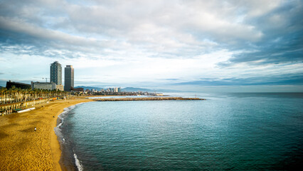 Aerial view of Barcelona Beach in Barceloneta District Spain