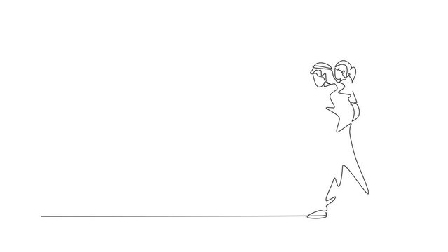 Animation of one line drawing of Arabian dad talking while piggyback carry her daughter at park. Happy Islamic muslim family parenting concept. Continuous line self draw animated. Full length motion.