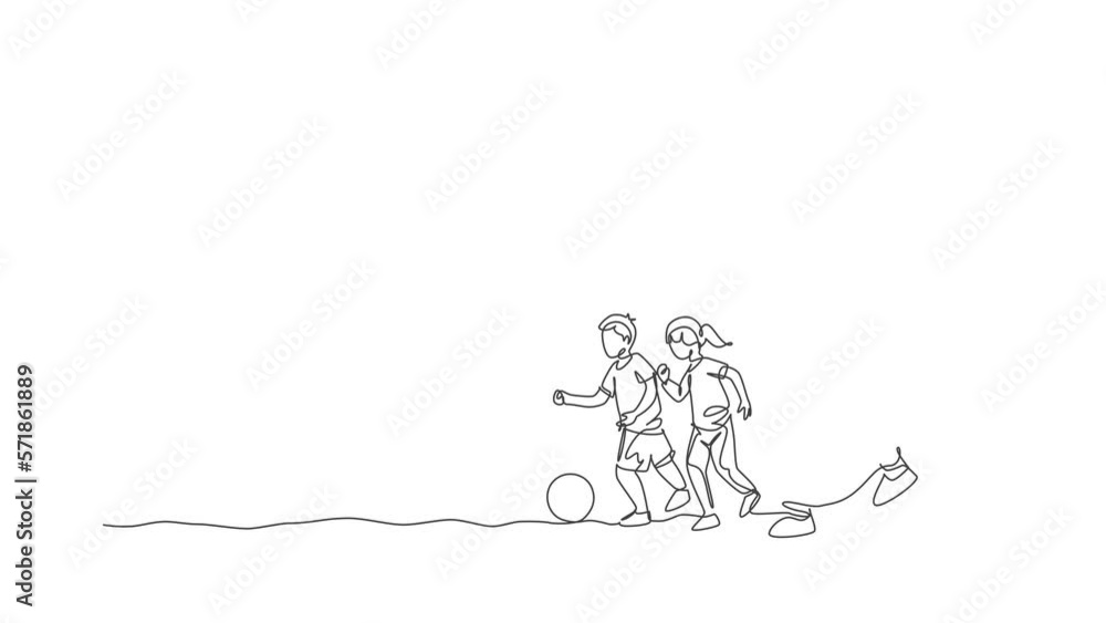 Poster animated self drawing of continuous line draw young arabian dad running and playing soccer with his 