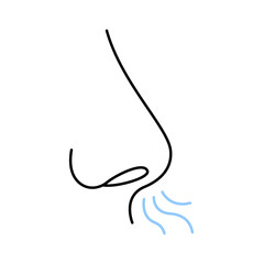 Nose, breath, line icon. Nasal breathing, odour sense. Nasal breath, healthy yoga and exercise. Human organ of smell. Nose inhale and exhale of air, smoke, steam. Vector