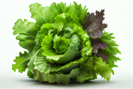 Green lettuce salad isolated on white background, head of lettuce, healthy lunch, generative ai