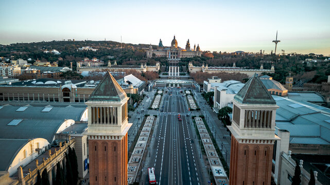 Aerial view of Avinguda de la Reina Maria Cristina in Barcelona Spain