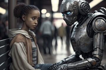 Fototapeta na wymiar Futuristic robot and female communication, woman talking to android generative ai