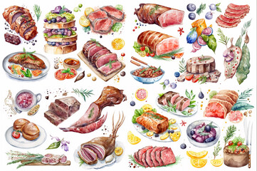 Watercolor illustration of meat dishes on a white background - AI generative