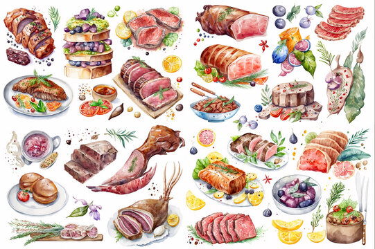 Watercolor illustration of meat dishes on a white background - AI generative