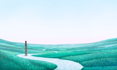Woman on the road in nature landscape. concept art of way, travel, inspiration, life, dream, and feminism. Painting illustration. surreal art. .  conceptual artwork. © Jorm Sangsorn