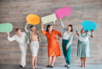 Feedback, survey and communication with business people and speech bubble for social media,...